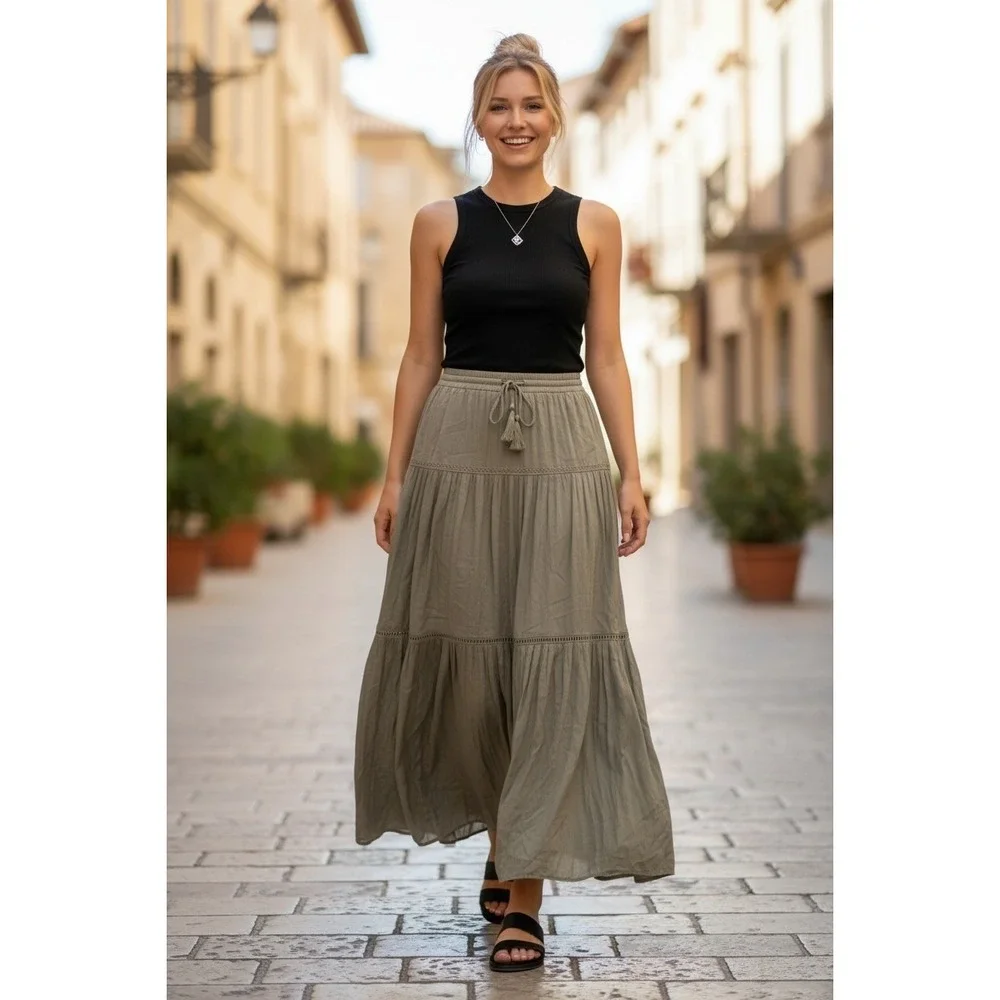 Light Green Silky Tiered Maxi Skirt Boho Peasant Rachel Zoe M NWT